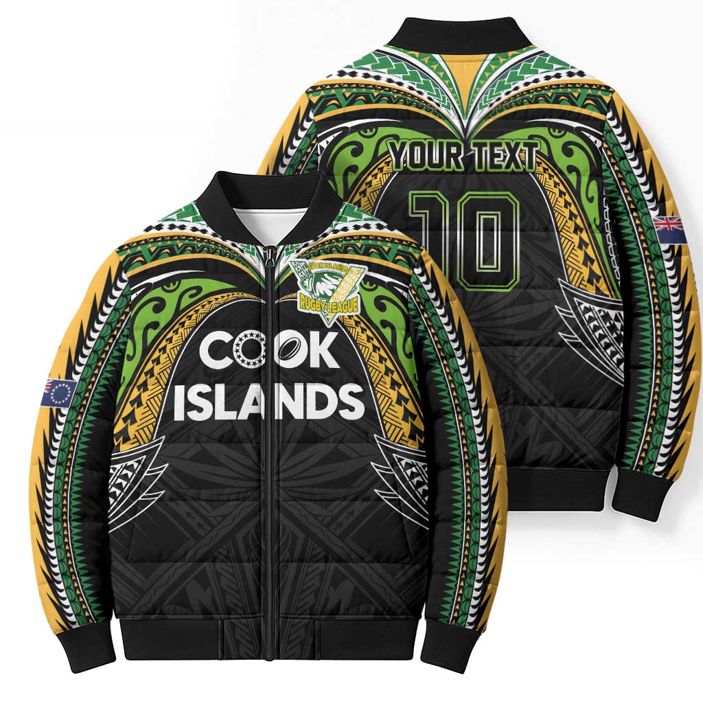 Custom Cook Islands Rugby League Bomber Puffer Jacket Tatau Tribal Motifs-Black Color - Polynesian Pride