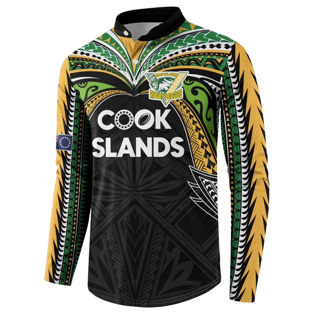 Custom Cook Islands Rugby League Button Sweatshirt Tatau Tribal Motifs-Black Color - Polynesian Pride