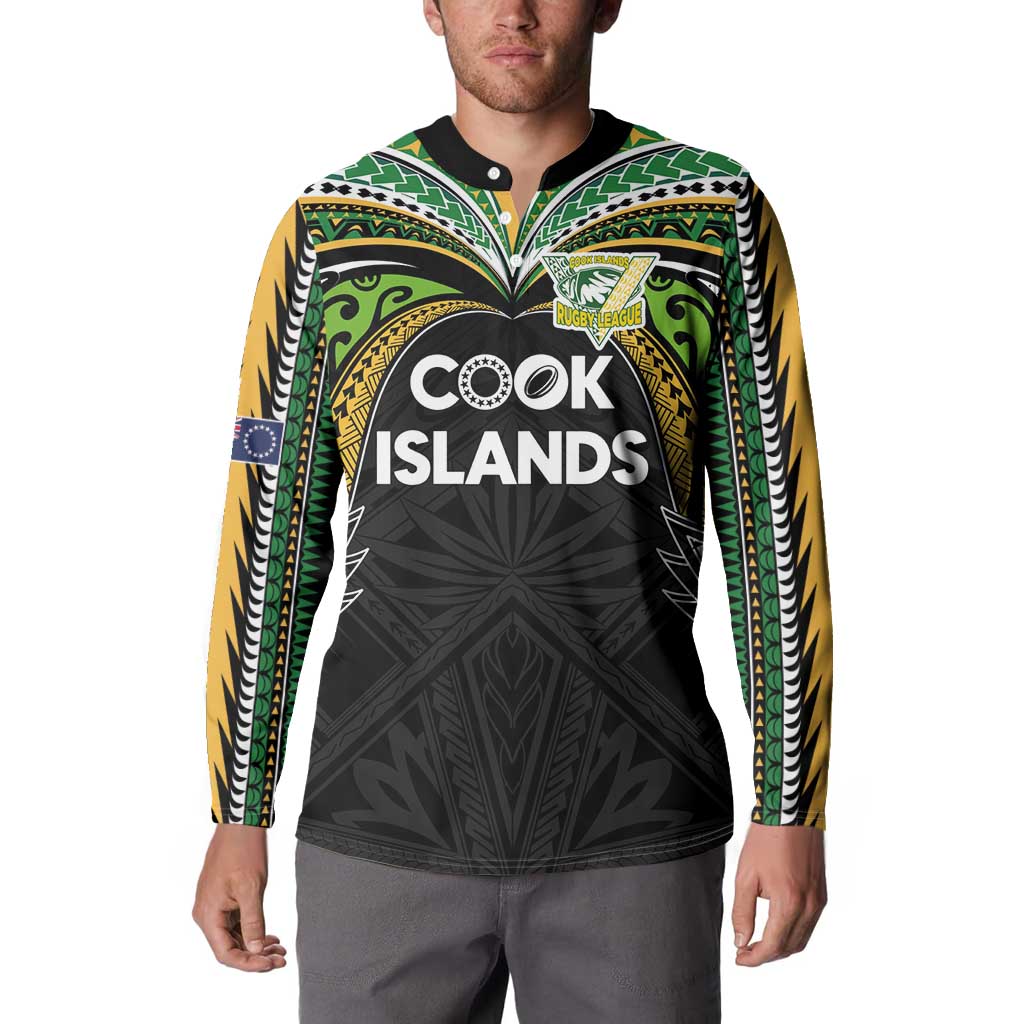 Custom Cook Islands Rugby League Button Sweatshirt Tatau Tribal Motifs-Black Color - Polynesian Pride