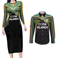 Custom Cook Islands Rugby League Couples Matching Long Sleeve Bodycon Dress and Long Sleeve Button Shirt Tatau Tribal Motifs-Black Color - Polynesian Pride