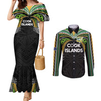 Custom Cook Islands Rugby League Couples Matching Mermaid Dress and Long Sleeve Button Shirt Tatau Tribal Motifs-Black Color - Polynesian Pride