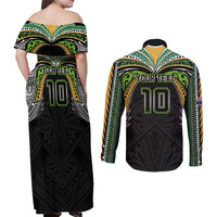 Custom Cook Islands Rugby League Couples Matching Off Shoulder Maxi Dress and Long Sleeve Button Shirt Tatau Tribal Motifs-Black Color - Polynesian Pride