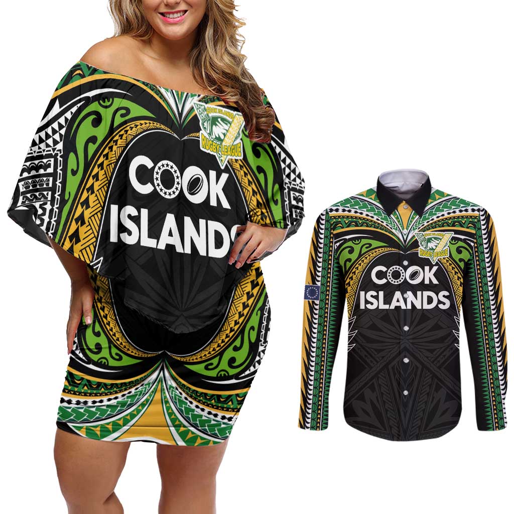 Custom Cook Islands Rugby League Couples Matching Off Shoulder Short Dress and Long Sleeve Button Shirt Tatau Tribal Motifs-Black Color - Polynesian Pride