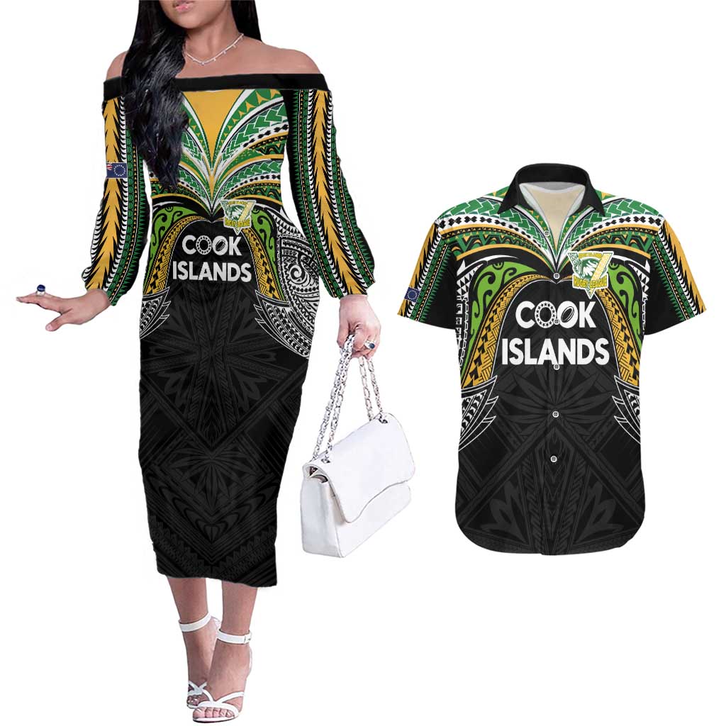 Custom Cook Islands Rugby League Couples Matching Off The Shoulder Long Sleeve Dress and Hawaiian Shirt Tatau Tribal Motifs-Black Color - Polynesian Pride