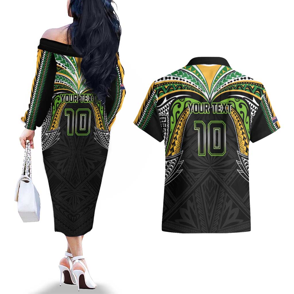 Custom Cook Islands Rugby League Couples Matching Off The Shoulder Long Sleeve Dress and Hawaiian Shirt Tatau Tribal Motifs-Black Color - Polynesian Pride