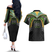 Custom Cook Islands Rugby League Couples Matching Off The Shoulder Long Sleeve Dress and Hawaiian Shirt Tatau Tribal Motifs-Black Color - Polynesian Pride