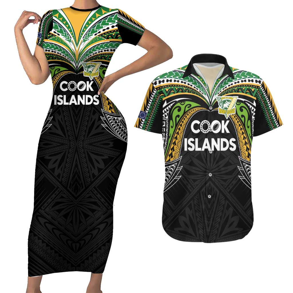 Custom Cook Islands Rugby League Couples Matching Short Sleeve Bodycon Dress and Hawaiian Shirt Tatau Tribal Motifs-Black Color - Polynesian Pride