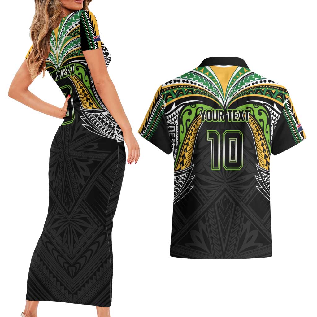 Custom Cook Islands Rugby League Couples Matching Short Sleeve Bodycon Dress and Hawaiian Shirt Tatau Tribal Motifs-Black Color - Polynesian Pride