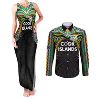 Custom Cook Islands Rugby League Couples Matching Tank Maxi Dress and Long Sleeve Button Shirt Tatau Tribal Motifs-Black Color - Polynesian Pride