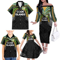 Custom Cook Islands Rugby League Family Matching Off The Shoulder Long Sleeve Dress and Hawaiian Shirt Tatau Tribal Motifs-Black Color - Polynesian Pride