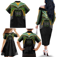 Custom Cook Islands Rugby League Family Matching Off The Shoulder Long Sleeve Dress and Hawaiian Shirt Tatau Tribal Motifs-Black Color - Polynesian Pride