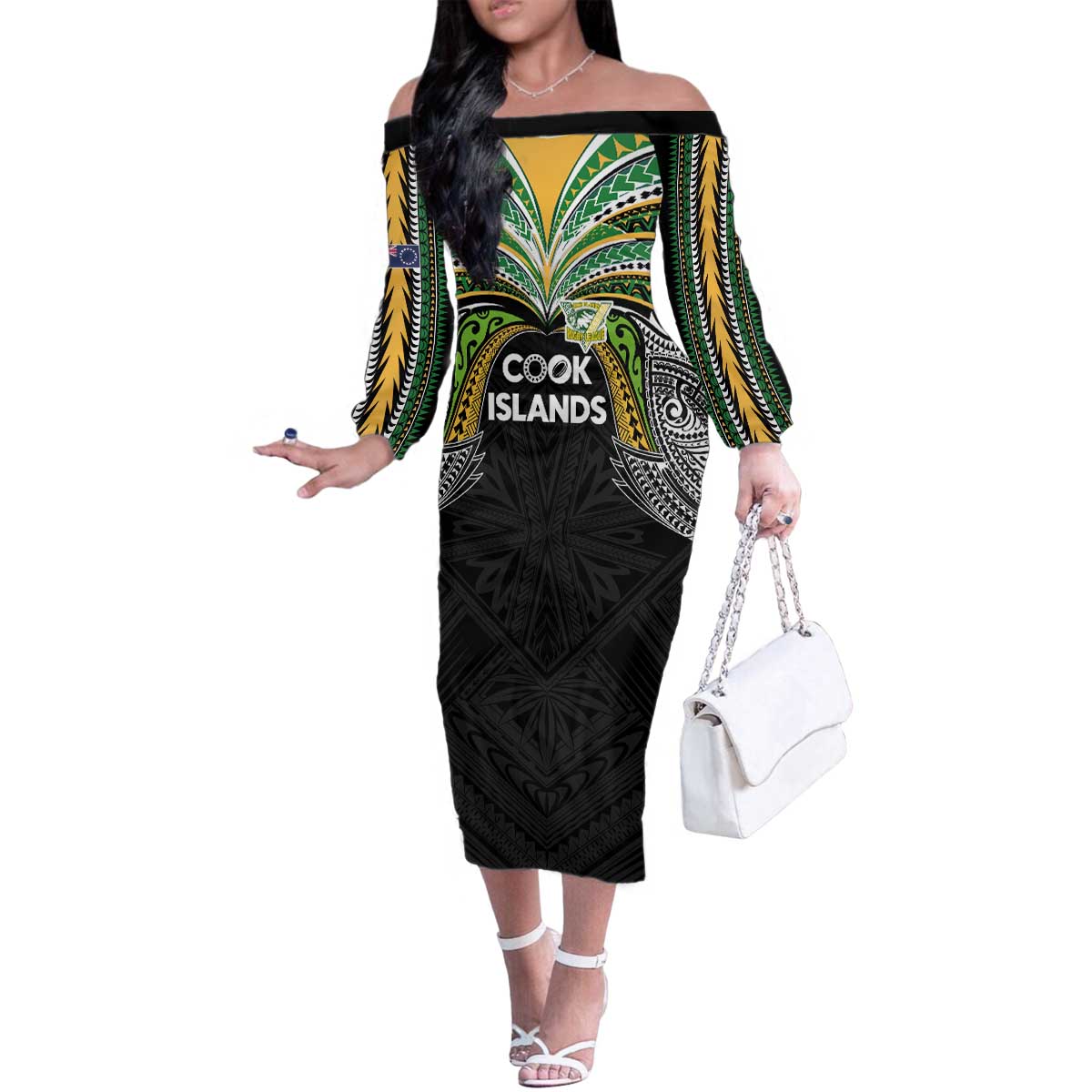 Custom Cook Islands Rugby League Family Matching Off The Shoulder Long Sleeve Dress and Hawaiian Shirt Tatau Tribal Motifs-Black Color - Polynesian Pride