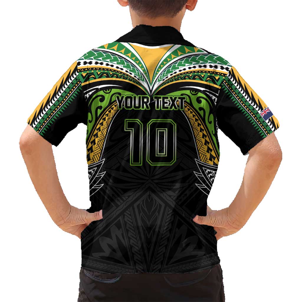 Custom Cook Islands Rugby League Family Matching Off Shoulder Short Dress and Hawaiian Shirt Tatau Tribal Motifs-Black Color - Polynesian Pride