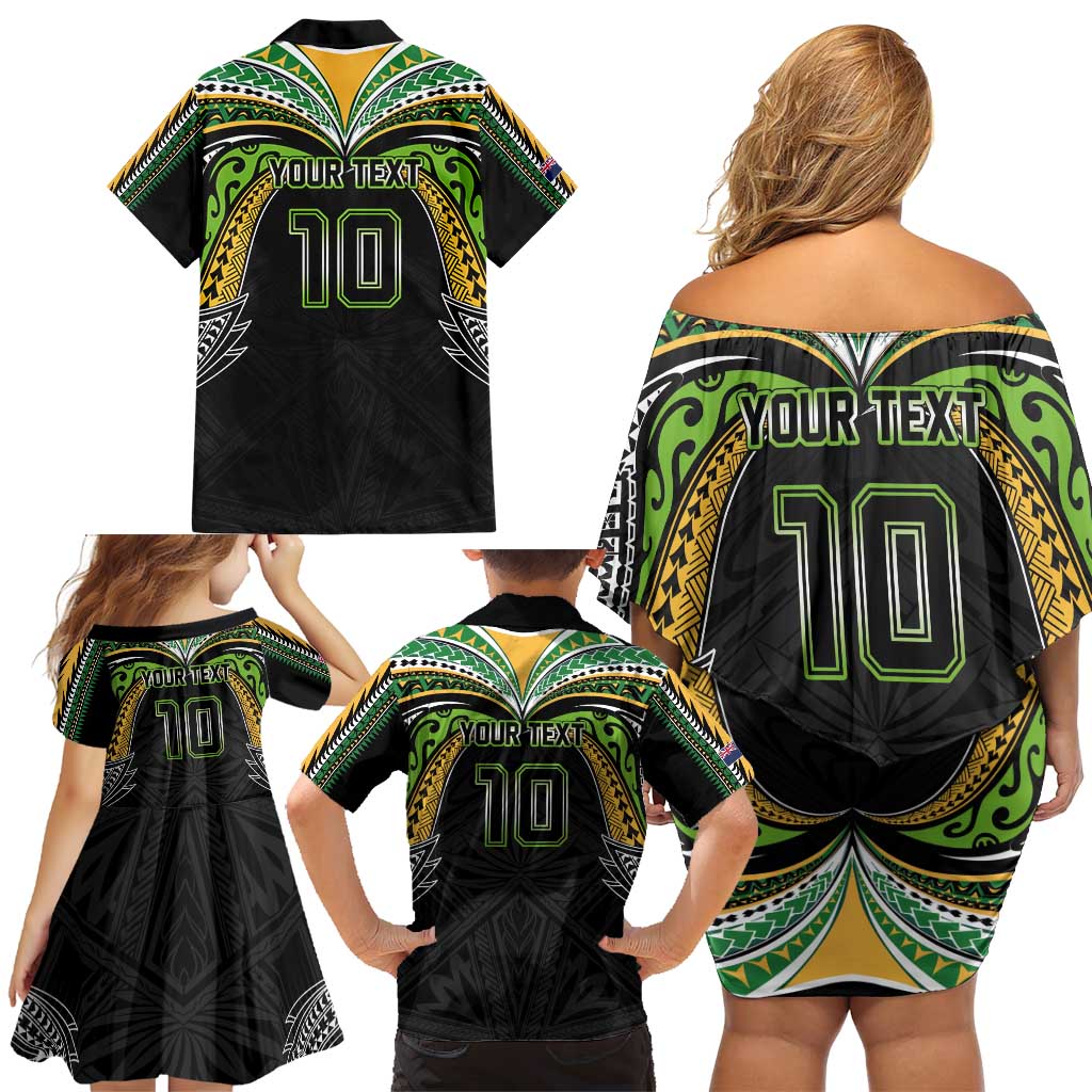 Custom Cook Islands Rugby League Family Matching Off Shoulder Short Dress and Hawaiian Shirt Tatau Tribal Motifs-Black Color - Polynesian Pride