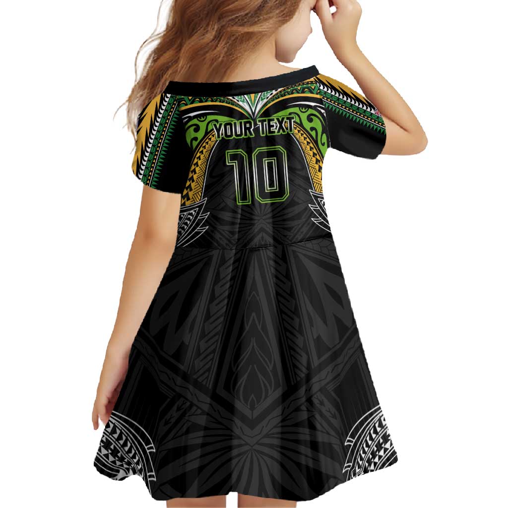 Custom Cook Islands Rugby League Family Matching Short Sleeve Bodycon Dress and Hawaiian Shirt Tatau Tribal Motifs-Black Color - Polynesian Pride