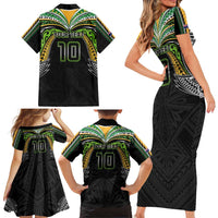 Custom Cook Islands Rugby League Family Matching Short Sleeve Bodycon Dress and Hawaiian Shirt Tatau Tribal Motifs-Black Color - Polynesian Pride