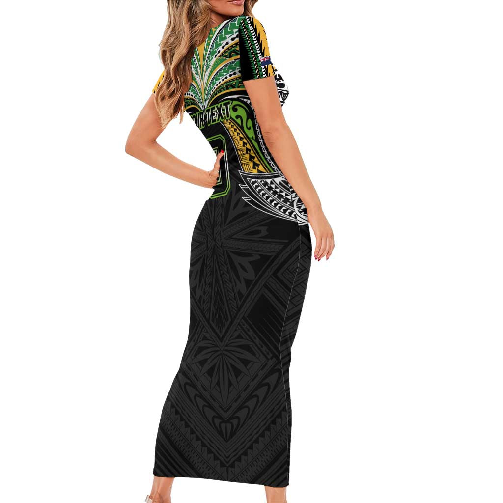 Custom Cook Islands Rugby League Family Matching Short Sleeve Bodycon Dress and Hawaiian Shirt Tatau Tribal Motifs-Black Color - Polynesian Pride