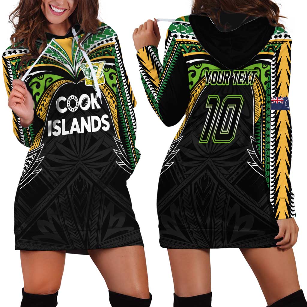 Custom Cook Islands Rugby League Hoodie Dress Tatau Tribal Motifs-Black Color - Polynesian Pride