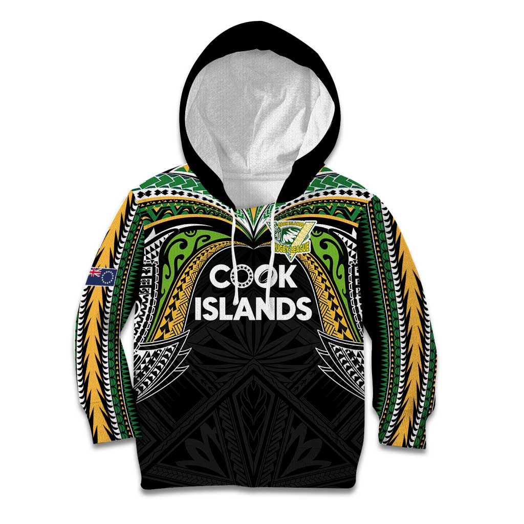 Custom Cook Islands Rugby League Kid Hoodie Tatau Tribal Motifs-Black Color - Polynesian Pride