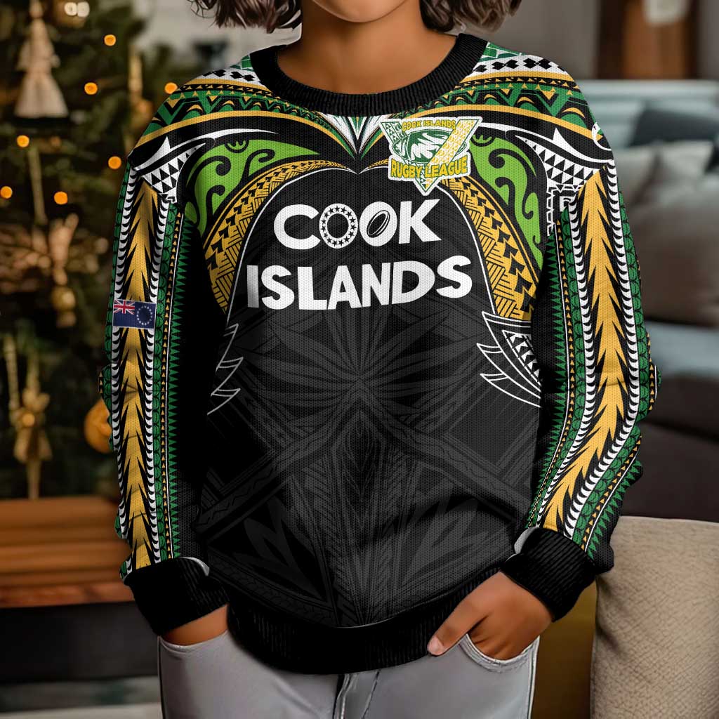 Custom Cook Islands Rugby League Kid Ugly Christmas Sweater Tatau Tribal Motifs-Black Color - Polynesian Pride