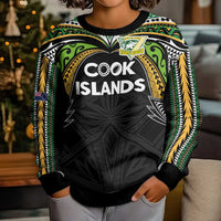 Custom Cook Islands Rugby League Kid Ugly Christmas Sweater Tatau Tribal Motifs-Black Color - Polynesian Pride