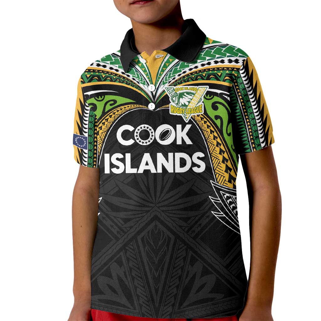 Custom Cook Islands Rugby League Kid Polo Shirt Tatau Tribal Motifs-Black Color - Polynesian Pride
