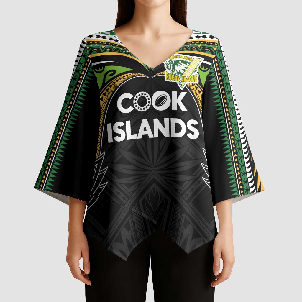 Custom Cook Islands Rugby League Kimono Sleeve Blouse Tatau Tribal Motifs-Black Color - Polynesian Pride