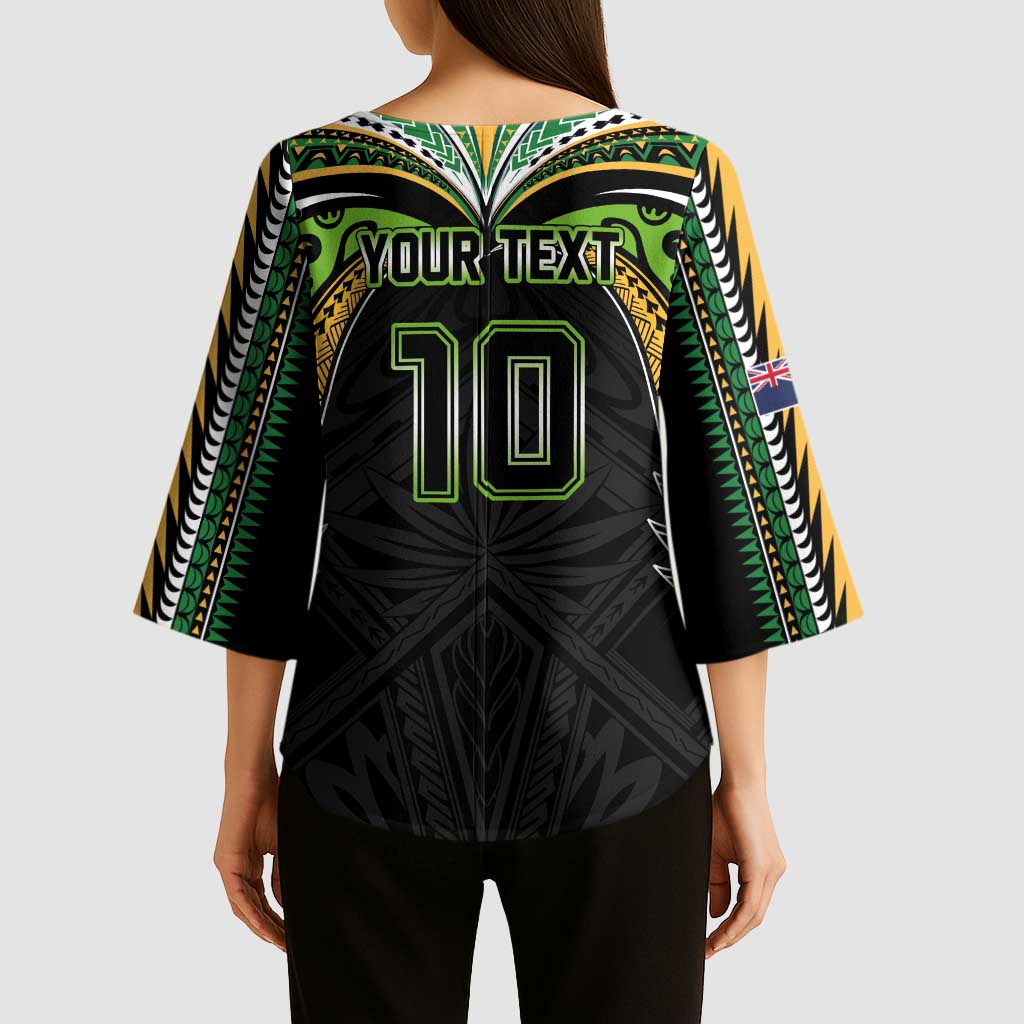 Custom Cook Islands Rugby League Kimono Sleeve Blouse Tatau Tribal Motifs-Black Color - Polynesian Pride