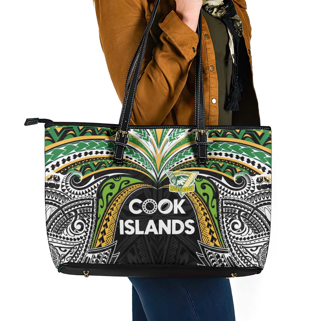 Cook Islands Rugby League Leather Tote Bag Tatau Tribal Motifs-Black Color - Polynesian Pride