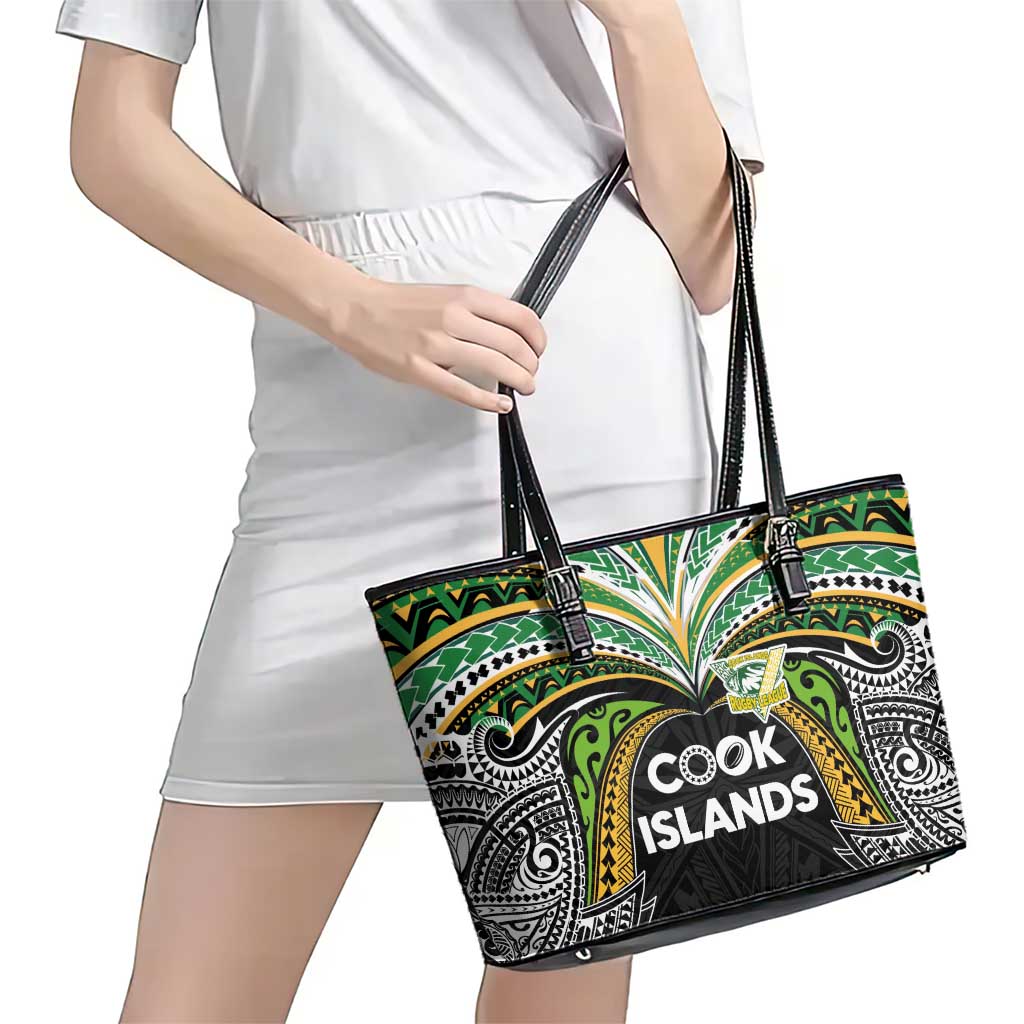 Cook Islands Rugby League Leather Tote Bag Tatau Tribal Motifs-Black Color - Polynesian Pride