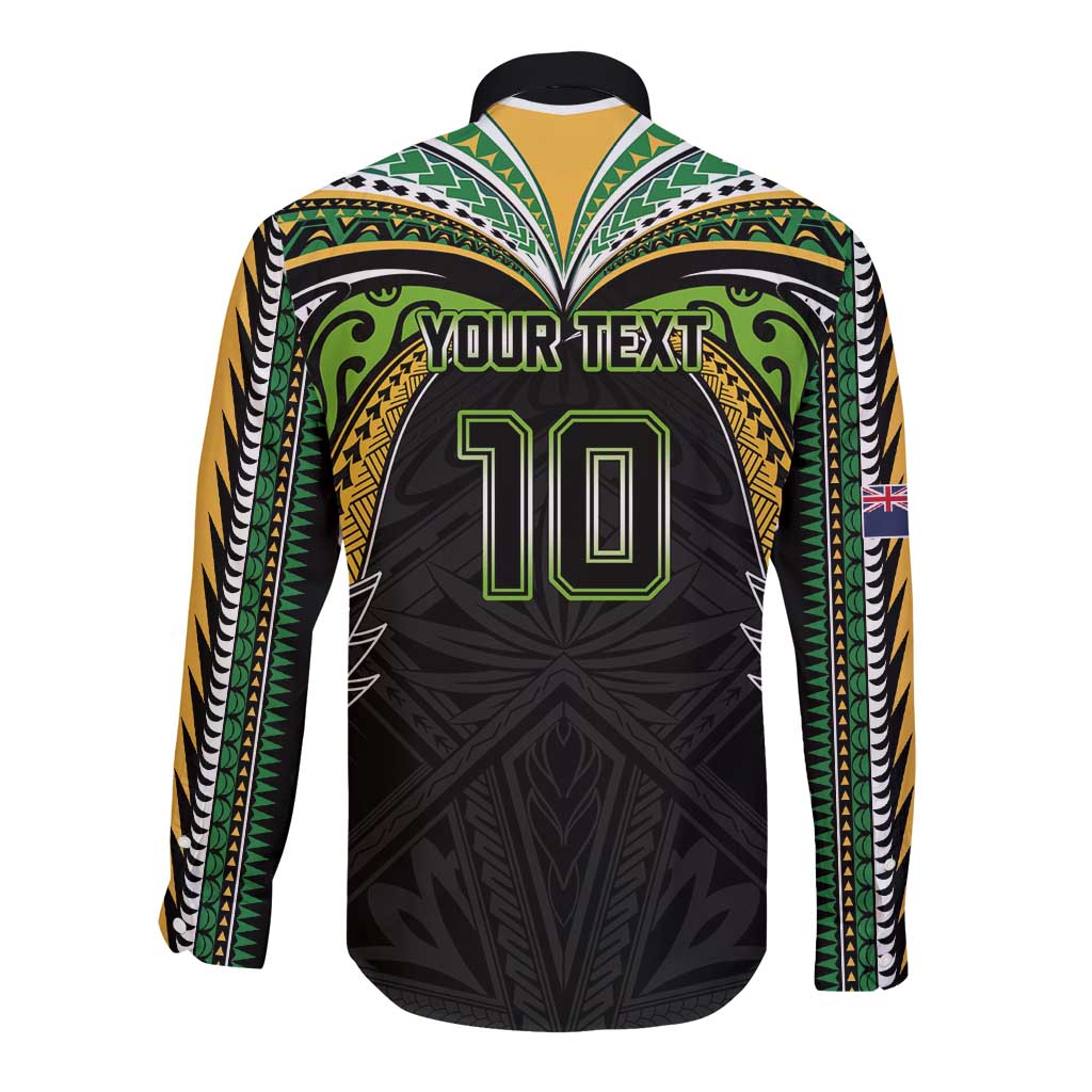 Custom Cook Islands Rugby League Long Sleeve Button Shirt Tatau Tribal Motifs-Black Color - Polynesian Pride