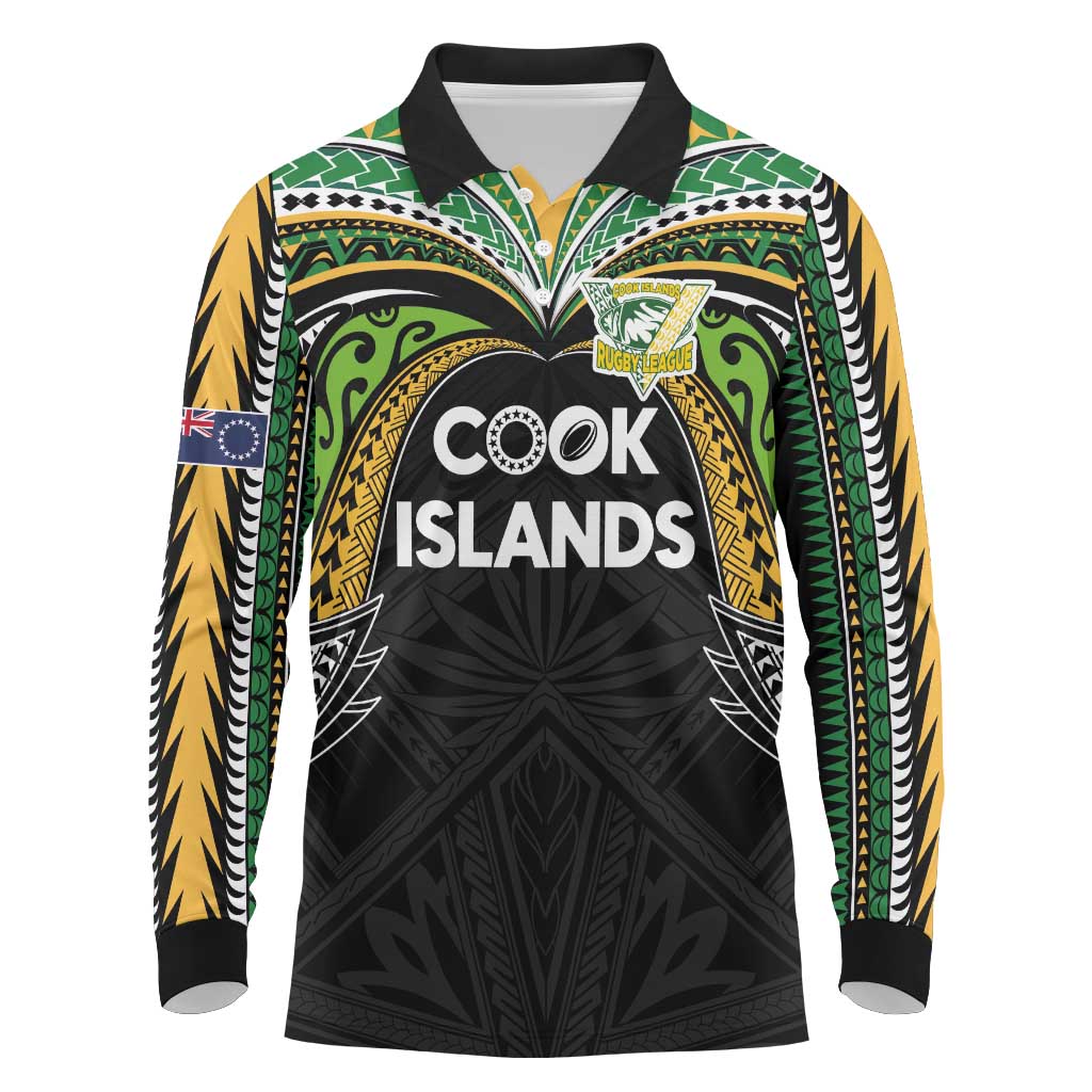 Custom Cook Islands Rugby League Long Sleeve Polo Shirt Tatau Tribal Motifs-Black Color - Polynesian Pride