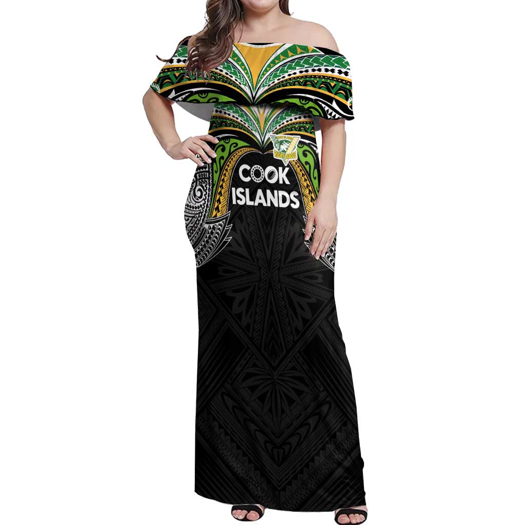 Custom Cook Islands Rugby League Off Shoulder Maxi Dress Tatau Tribal Motifs-Black Color - Polynesian Pride
