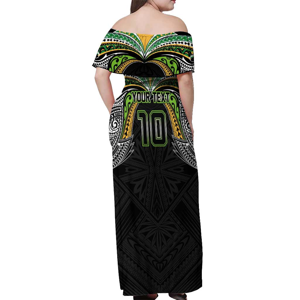 Custom Cook Islands Rugby League Off Shoulder Maxi Dress Tatau Tribal Motifs-Black Color - Polynesian Pride