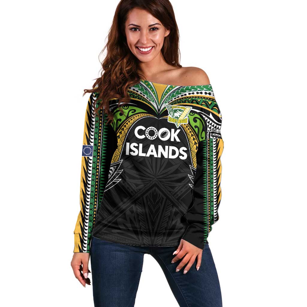 Custom Cook Islands Rugby League Off Shoulder Sweater Tatau Tribal Motifs-Black Color - Polynesian Pride