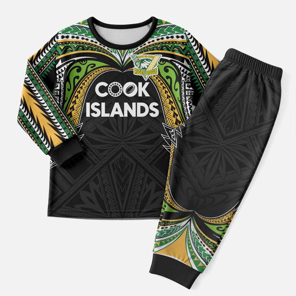 Custom Cook Islands Rugby League Christmas Pajama Set Tatau Tribal Motifs-Black Color - Polynesian Pride
