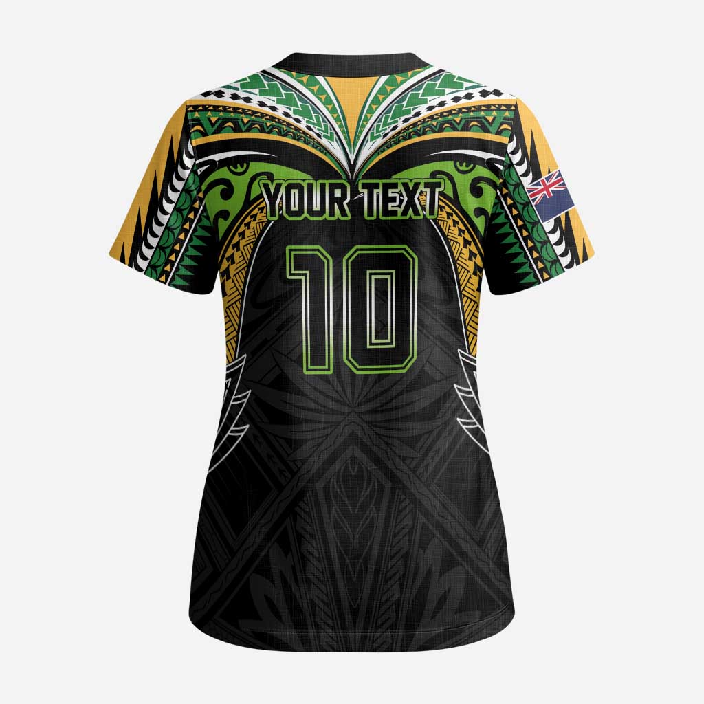 Custom Cook Islands Rugby League Scrub Top Tatau Tribal Motifs-Black Color - Polynesian Pride