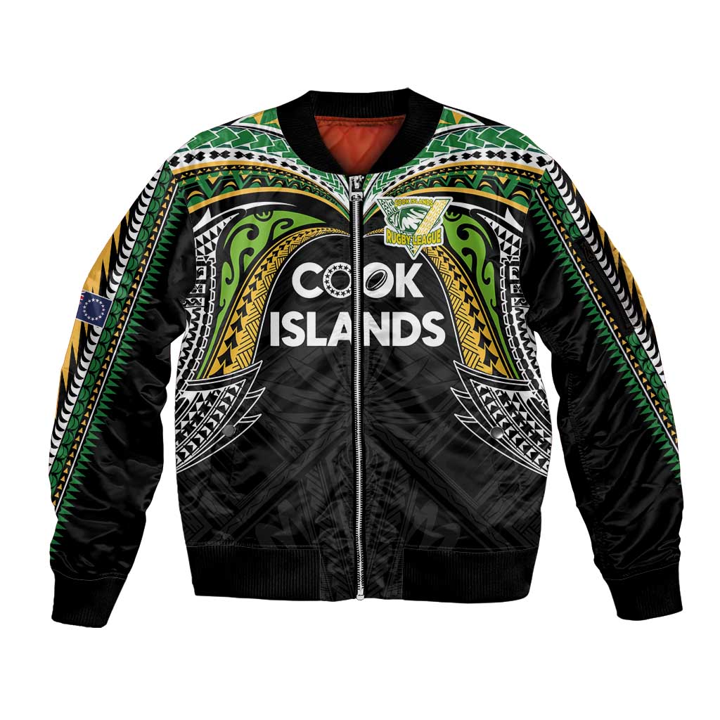 Custom Cook Islands Rugby League Sleeve Zip Bomber Jacket Tatau Tribal Motifs-Black Color - Polynesian Pride