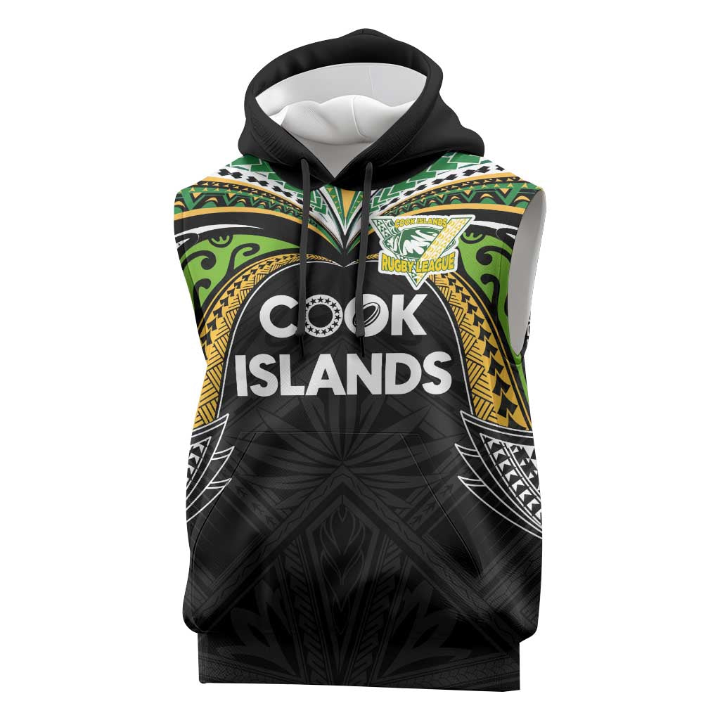 Custom Cook Islands Rugby League Sleeveless Hoodie Tatau Tribal Motifs-Black Color - Polynesian Pride