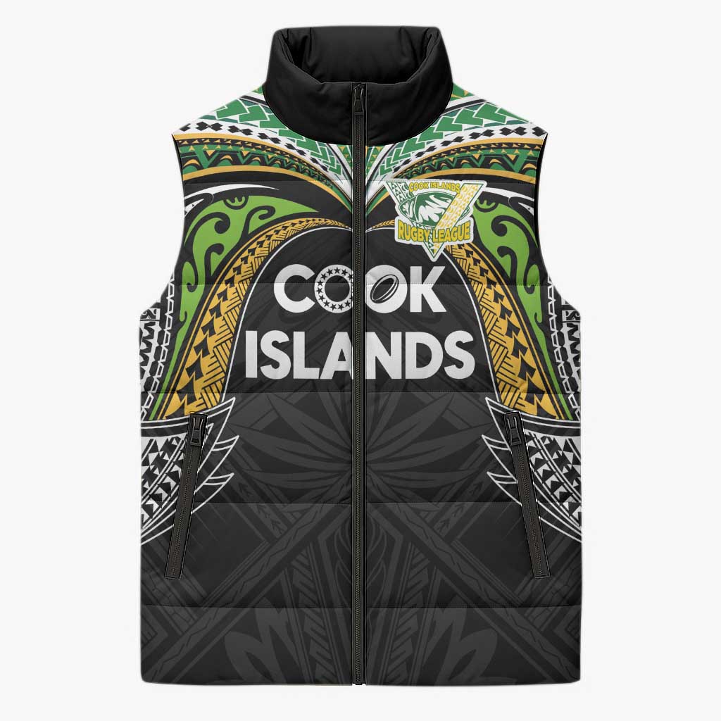 Custom Cook Islands Rugby League Sleeveless Puffer Jacket Tatau Tribal Motifs-Black Color - Polynesian Pride
