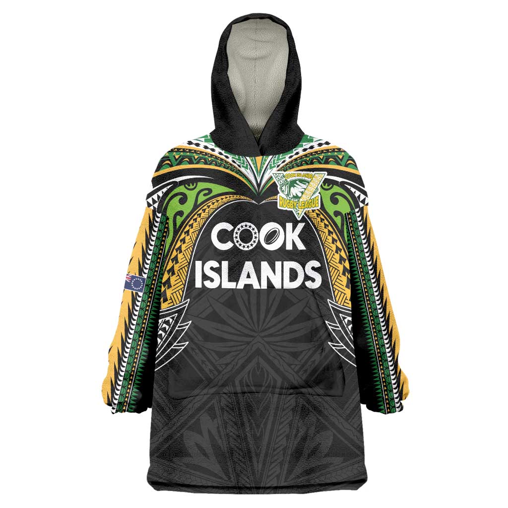 Custom Cook Islands Rugby League Wearable Blanket Hoodie Tatau Tribal Motifs-Black Color - Polynesian Pride