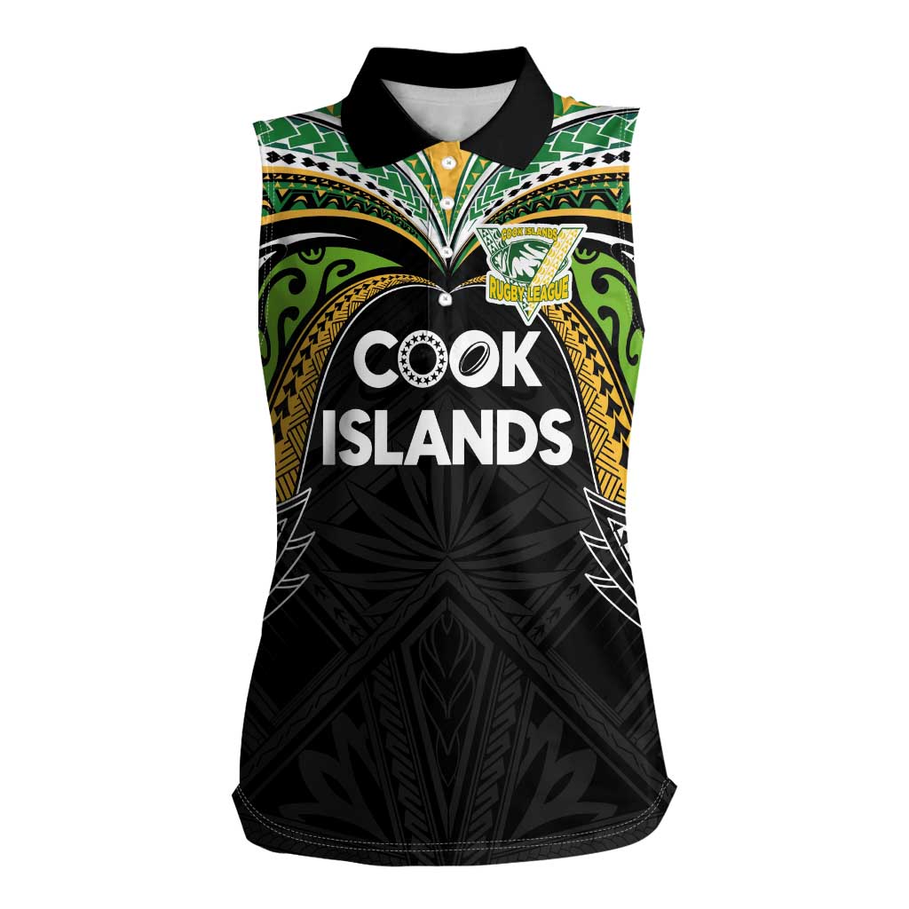 Custom Cook Islands Rugby League Women Sleeveless Polo Shirt Tatau Tribal Motifs-Black Color - Polynesian Pride