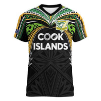 Custom Cook Islands Rugby League Women V-Neck T-Shirt Tatau Tribal Motifs-Black Color - Polynesian Pride