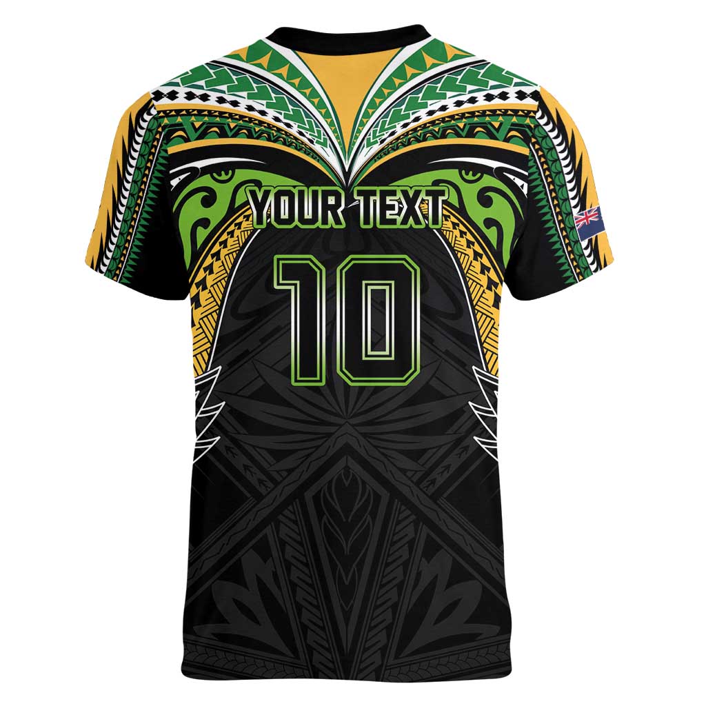 Custom Cook Islands Rugby League Women V-Neck T-Shirt Tatau Tribal Motifs-Black Color - Polynesian Pride