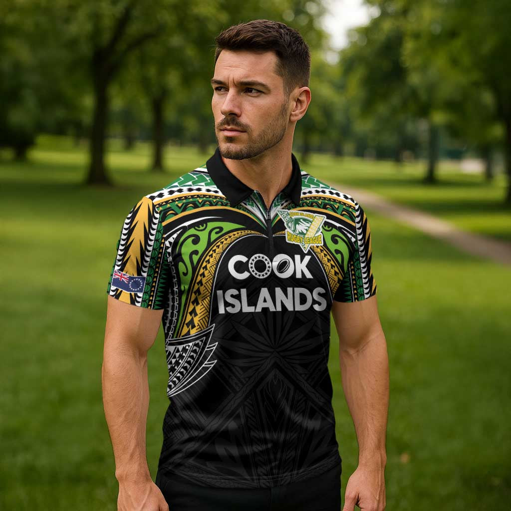 Custom Cook Islands Rugby League Zipper Polo Shirt Tatau Tribal Motifs-Black Color - Polynesian Pride