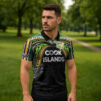 Custom Cook Islands Rugby League Zipper Polo Shirt Tatau Tribal Motifs-Black Color - Polynesian Pride