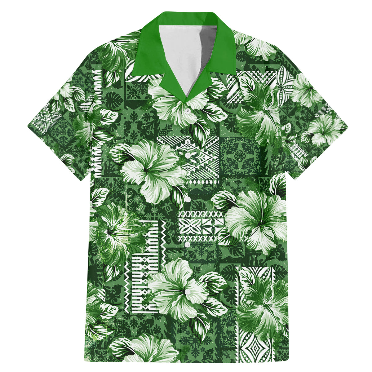 Hawaiian Quilt Pattern Family Matching Mermaid Dress and Hawaiian Shirt Hibiscus and Tribal Element Vintage Green Vibe LT03 Dad's Shirt - Short Sleeve Green - Polynesian Pride