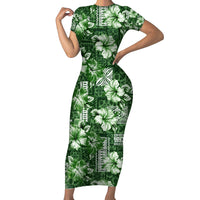 Hawaiian Quilt Pattern Family Matching Short Sleeve Bodycon Dress and Hawaiian Shirt Hibiscus and Tribal Element Vintage Green Vibe LT03 Mom's Dress Green - Polynesian Pride