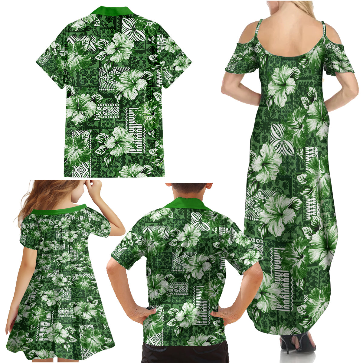 Hawaiian Quilt Pattern Family Matching Summer Maxi Dress and Hawaiian Shirt Hibiscus and Tribal Element Vintage Green Vibe LT03 - Polynesian Pride