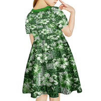 Hawaiian Quilt Pattern Kid Short Sleeve Dress Hibiscus and Tribal Element Vintage Green Vibe LT03 - Polynesian Pride